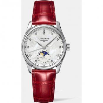 Longines Master Collection Women's Automatic Watch with Red Leather Strap and 34mm Mother of Pearl Dial