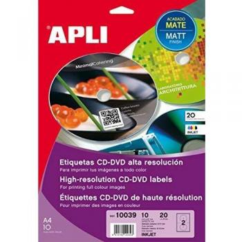 APLI 10039-Etiquetas CD/DVD permanentes tamaño mega mate 10 hojas INK