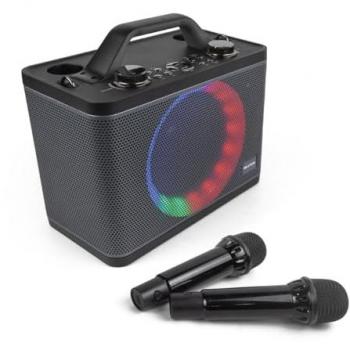 Karaoke Portátil PartyGo PRIXTON - Altavoz de Gran Potencia para Fiestas - 2 Micrófonos inalámbricos - Bluetooth, USB, AUX y MicroSD - Luz LED Multicolor - Autonomía 4