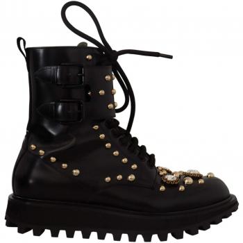 Dolce & Gabbana Black Leather Crystal Embellished Boots Shoes - EU43/US10