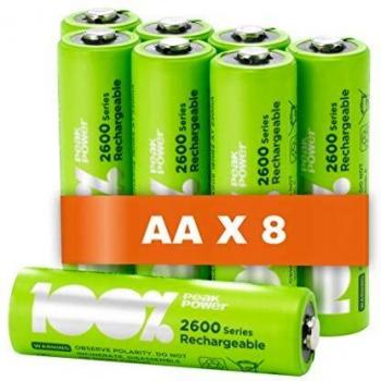 Pilas recargables AA - LR06 - Paquete de 8 unidades | 100% PeakPower| Capacidad 2600 mAh, Precargadas, Alto rendimiento, Larga duración