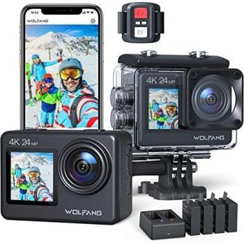 WOLFANG Cámara Deportiva GA200 4K 24MP Doble Pantalla WiFi Cámara de Video, Cámara Subacuática 40M, 170° Gran Angular Camara, Control Remoto EIS Mejorado, 4x1050mAh Baterías, Multi Accesorios