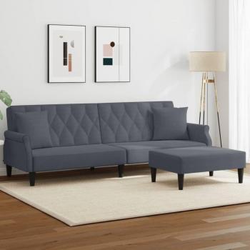 Sofá cama de 2 plazas con almohadas y reposapiés de terciopelo gris oscuro