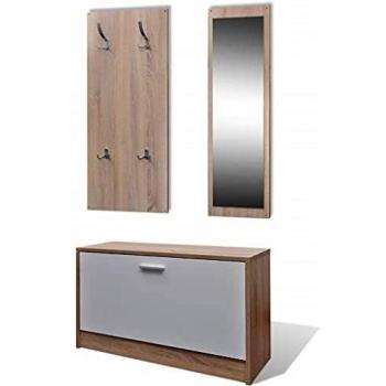 vidaXL Muebles Entradita Zapatero Espejo Perchero Madera Color Roble y Blanco