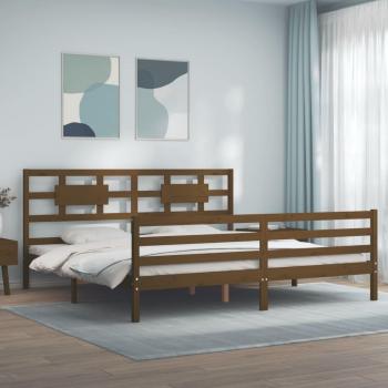 Estructura de cama y cabecero de madera maciza en color marrón miel, dimensiones 200x200 cm