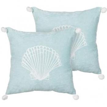 Conjunto de 2 cojines decorativos cuadrados de terciopelo azul con motivo de concha marina, 45 x 45 cm, relleno de poliéster