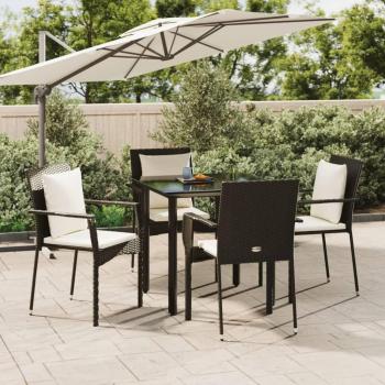 5-Piece Black Poly Rattan Garden Dining Set with Cushions