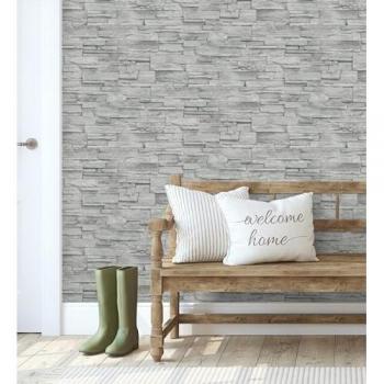 Papel Pintado Vinílico Lavable de Piedra Pizarra Gris Texturizado - Dakota Stone 682660 - Rollo 10 m x 0,53 m