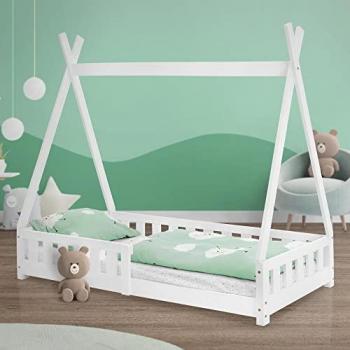 Cama Infantil Tipi 80x160 cm con Protección Anticaída y Somier de Listones de Madera de Pino Blanco