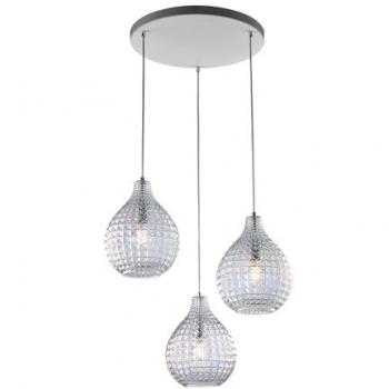 Lámpara de suspensión moderna de 3 luces en hierro blanco y vidrio soplado transparente