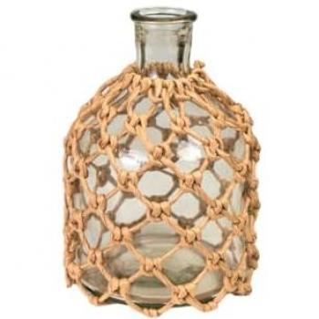 Botella Romimex Marrón Transparente de Vidrio con Cuerda, dimensiones 15 x 21 x 15 cm