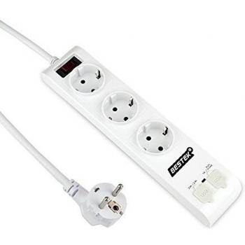 BESTEK Regleta con 3 Tomas a Prueba de Niños + Un Interruptor 4 Puertos USB con Tecnología Inteligente IC , Tablets y Dispositivos, con Cable de 2 m, 3600W. 90V -265V