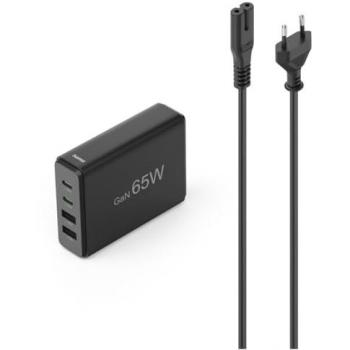 Estación de Carga Hama 4 Puertos GaN 65W con 2xUSB-C y 2xUSB-A, Cargador Rápido PD, Negro