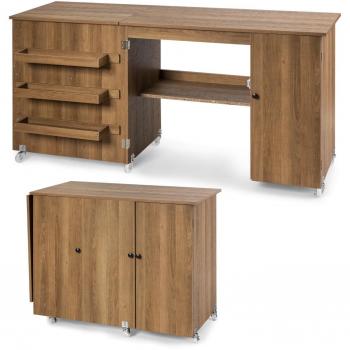 Costway Mesa Plegable de Costura Escritorio para Ordenador Abatible con Ruedas Bloqueables con Armario con Puerta Marrón 158 x 50 x 75 cm, mesa versátil abatible para manualidades