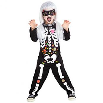 Disfraz de Esqueleto Candy para Niños y Niñas con Jumpsuit Impreso y Antifaz - Original Halloween, Carnaval y Cumpleaños