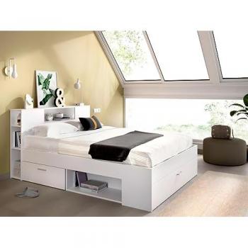 Cama con cabecero con compartimentos y cajones - 140 x 190 cm - Color: blanco + Somier + colchón - LEANDRE