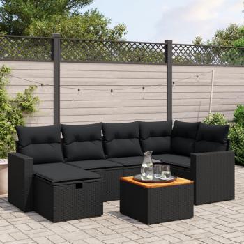 Set de comedor de jardín 7 piezas con cojines de ratán sintético negro