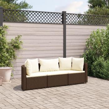 Sofá de jardín 3 piezas con cojines de Polyrattan Marrón