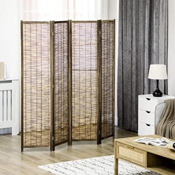 HOMCOM Biombo de 4 Paneles Divisor de Habitación Plegable 160x1,8x170 cm Separador de Ambientes de Madera y Carrizo Estilo Rústico para Oficina Dormitorio Salón Natural