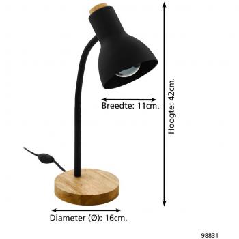 Lámpara de Escritorio Ajustable VERADAL - Metal Negro y Base de Madera E27 40W