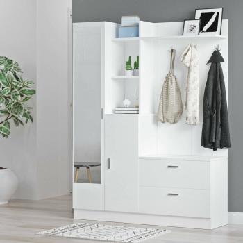 Mueble de Entrada Multifuncional Homam, Consola con Perchas y Almacenamiento, 140x37h182 cm, Blanco