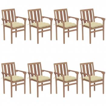 Sillas de jardín apilables con almohadas, 8 unidades, madera maciza de teca