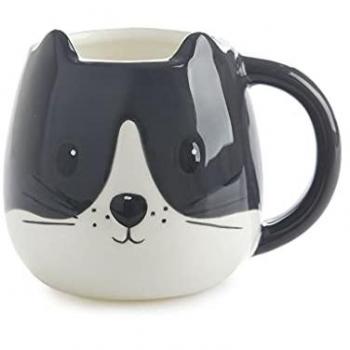 Mug Kitty Blanco/Negro 400 ml con Asa de Cerámica, Taza en Forma de Cabeza de Gato, Apta para Lavavajillas