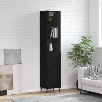 Aparador alto de madera contrachapada negro 34,5x34x180 cm con 1 puerta de madera, mueble de almacenaje para salón, buffet y armario auxiliar