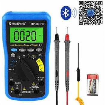 HOLDPEAK Multímetro Digital HP-90EPD Bluetooth Multímetro de Rango Automático Ohmímetro para Prueba Voltaje AC/DC Resistencia Corriente Capacidad Temperatura para Coche y Circuito