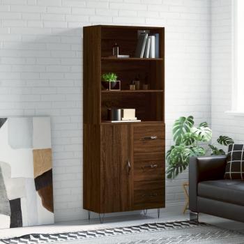 Aparador alto de madera contrachapada marrón roble 69,5x34x180 cm con 1 puerta y 3 cajones, mueble de almacenaje para salón, buffet y armario auxiliar