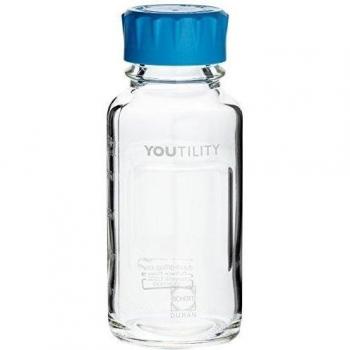 DURAN YOUTILITY 218813653 Frascos para Laboratorio con Rosca, Transparente con Graduación, GL45, con Tapa Roscada Y Anillo De Vertido De PP, 250 ml, Cian