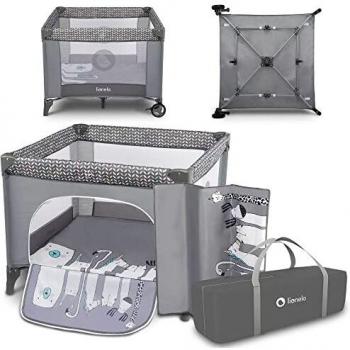 LIONELO Lene 3 en 1 Parque para bebés De viaje Para niños de hasta 15 kg Perfecto en casa y de vacaciones Sistema de plegado seguro Bolsa incluida Gris