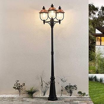 Lindby Clint farola exterior vintage de cobre, 3 luces E27, hecha de aluminio para iluminación de senderos y baliza