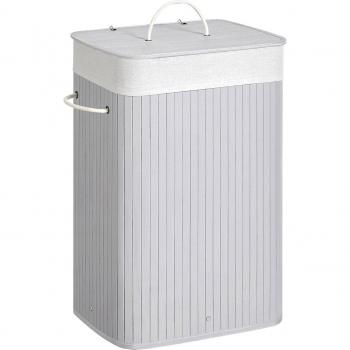 Cesto de ropa sucia de bambú rectangular con tapa y 3 asas, 40x30x60 cm, color gris, ideal para lavandería