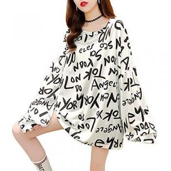 YLDZSUP Camiseta de Manga Larga Jersey Informal Cuello Redondo Suelta Blusa Tops algodón para Mujer Estampado Túnica Escote Corto Top Talla Grande Manga tripulación Liso De Gran tamaño
