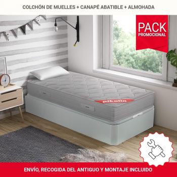 PIKOLIN Pack Colchón viscoelástico de muelles 90x190+ canapé con Base abatible en Madera y Almohada de Fibra