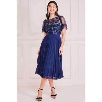 Goddiva Embroidered Top Chiffon Pleated Midi - Navy