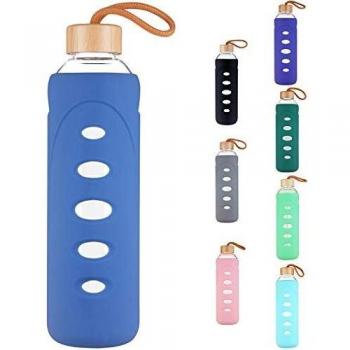 DEARRAY Botella de Agua de Cristal de Borosilicato Deportivo 400ml / 750ml / 1000ml / 1 Litro, Botella de Agua de Vidrio con Funda de Silicona y Tapa Único