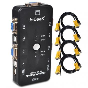 KVM Switch Selector, IeGeek Switch Hub 4 In 3 Output Sharing Switcher Box Adapter for Mouse, Keyboard, Scanner, Printer, Computer with One Button Swapping and 4 Pcs USB 2.0 Cable