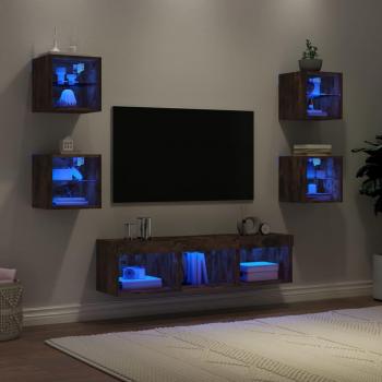 Muebles TV pared con LED 7 piezas madera ingeniería roble ahumado marrón