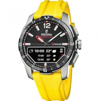 Reloj Inteligente Festina Connected D para Hombre, Caja de Titanio Plateado, Correa de Caucho Amarillo, Funciones: Cronómetro, Contador de Pasos y Hora Mundial
