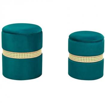 Conjunto de 2 pufs de terciopelo verde azulado con almacenamiento y bandas de ratán estilo moderno boho Medford