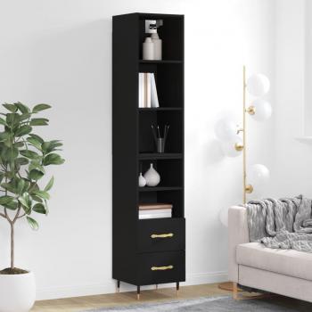 Aparador alto de madera contrachapada negro 34,5x34x180 cm con 2 cajones y 2 estantes, mueble de almacenaje para salón, buffet y armario auxiliar