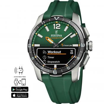 Festina Connected D Hybrid Smartwatch for Men, Titanium Case, Green Rubber Strap, Model F23000/2