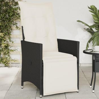 Silla de jardín reclinable con cojines en Polyrattan negro