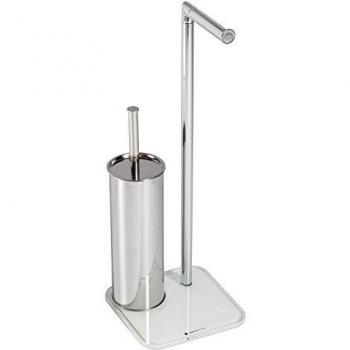 Toallero de pie para baño de vidrio blanco con portaescobilla y portarrollo modelo Zero