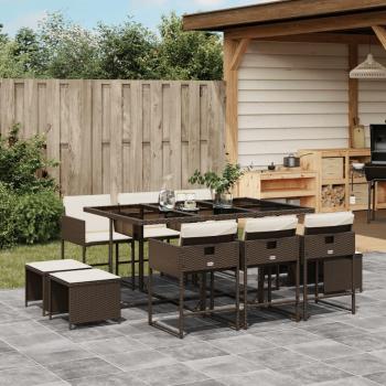 11-Piece Brown Poly Rattan Garden Dining Set with Cushions