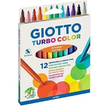 Rotuladores Giotto Turbo Color, Estuche de 12 Colores Surtidos, Punta Fina de 2.8 mm, Tinta a Base de Agua, Lavables