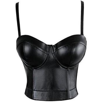 Charmian Women's Spaghetti Straps PU Leather Bustier Crop Top Black XXXXX-Large