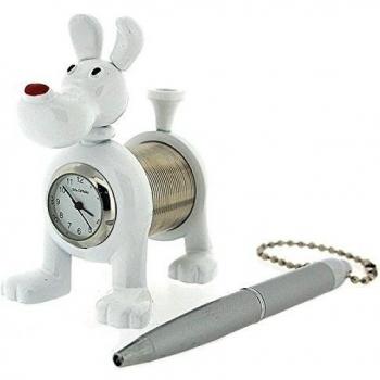 MINIATURE Schreibtischuhr mit weißem Hund mit Sprungfeder für Sammler 9714W